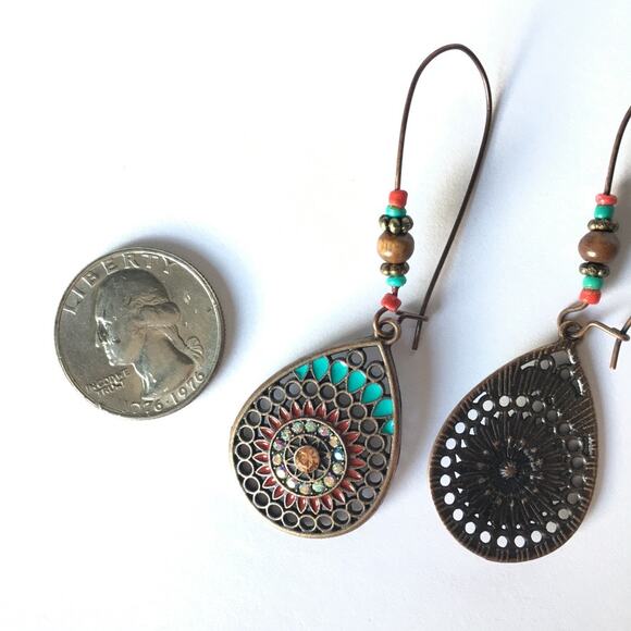 Boho brass tone colorful medallion earrings - Picture 4 of 6